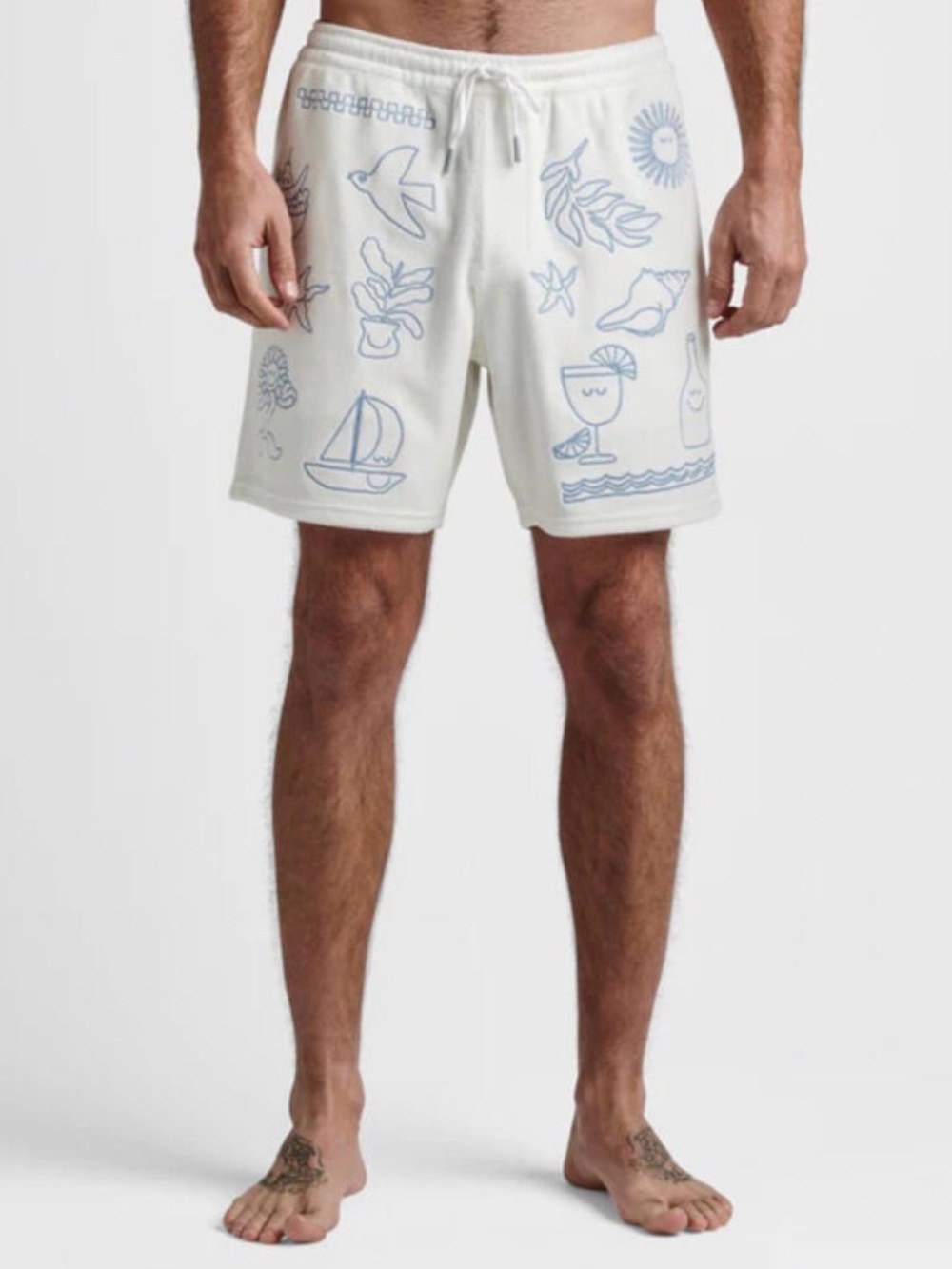 Roark Grotto White Terry Shorts with Blue Line Art